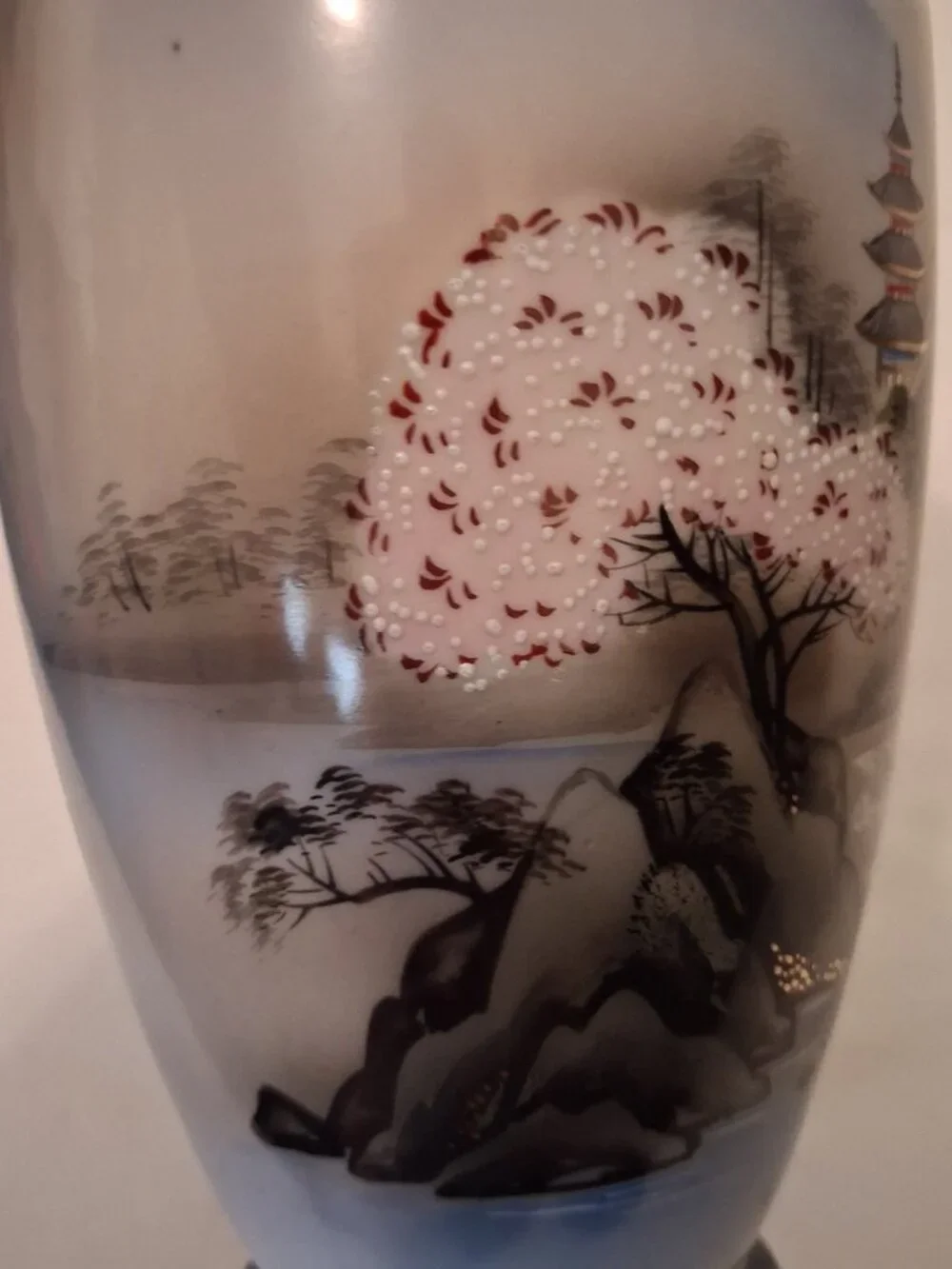 Vintage Hand-Painted Japanese Vase Pagoda & Cherry Blossom & Mountains Gold Trim